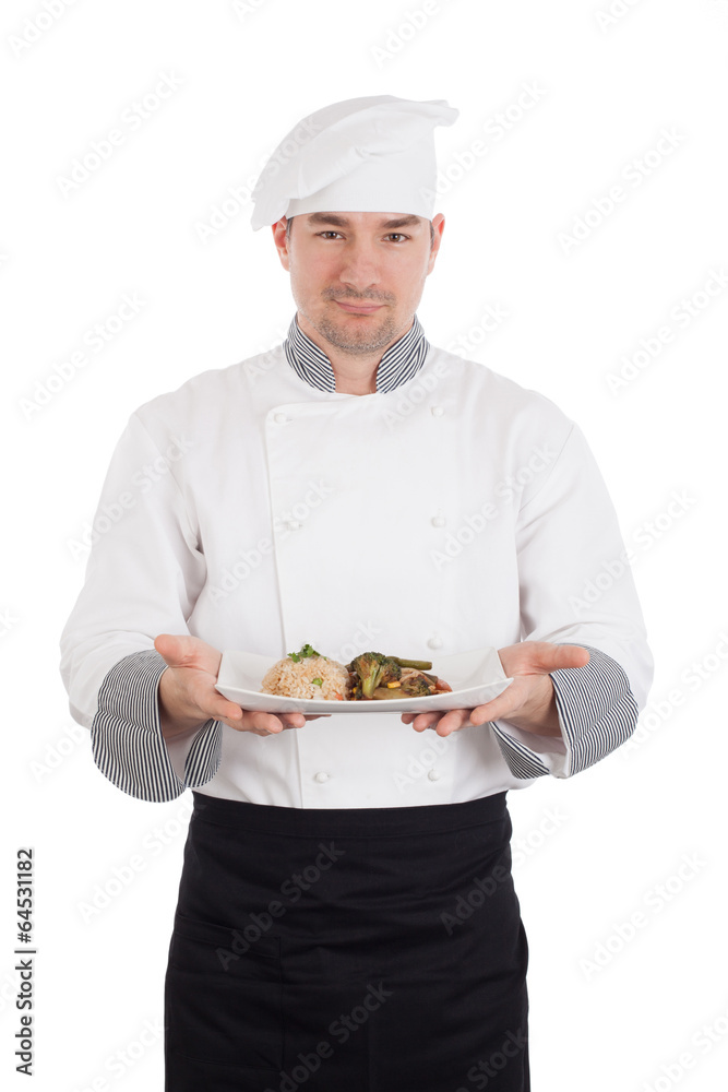 Chef showing and holding a plate of prepared food Chef showing and holding a plate of prepared food