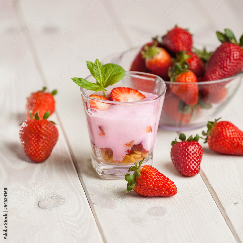 Strawberry yogurt and granola in glass Strawberry yogurt and granola in glass