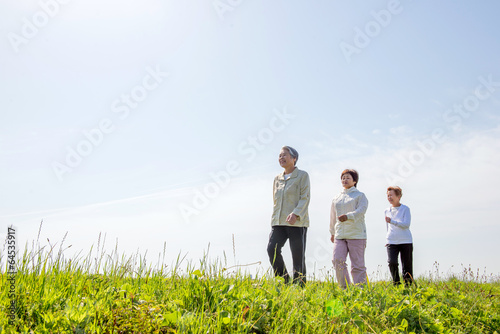 青空の日に草原の丘を散歩している3人の高齢者女性 © beeboys