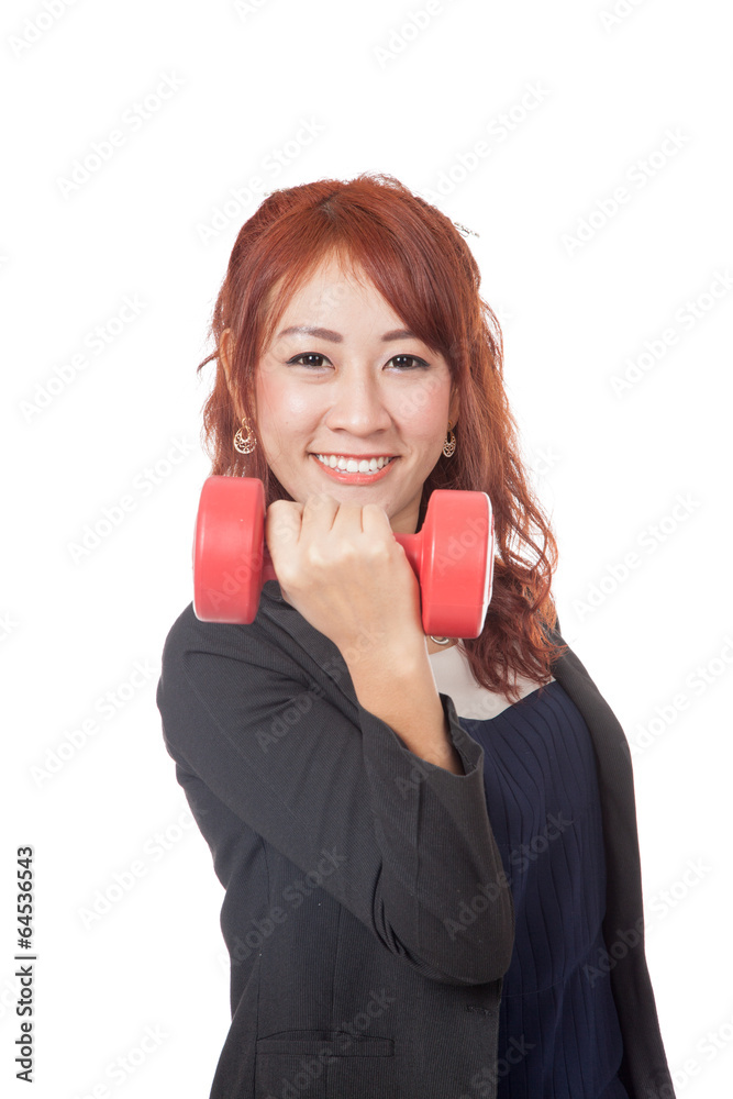 Happy Asian office girl lift a red dumbbell Happy Asian office girl lift a red dumbbell