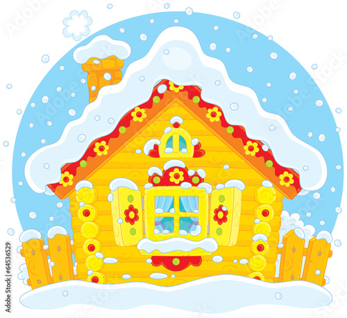 Small log house covered with snow on Christmas