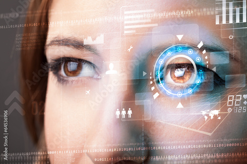 Fototapeta Naklejka Na Ścianę i Meble -  Future woman with cyber technology eye panel concept