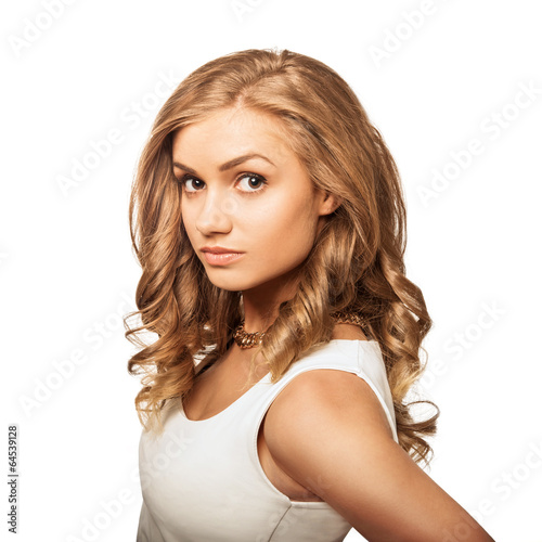 portrait young lovely blonde woman with brown eyes isolated on w