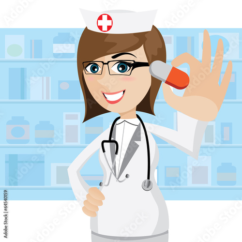cartoon pharmacist showing pills in drug store