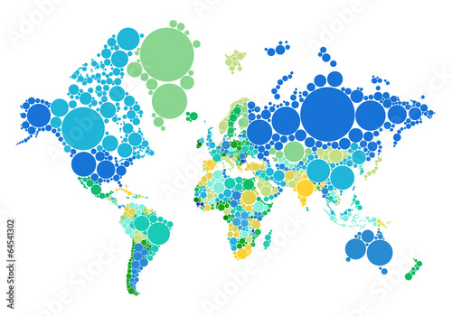 blue and green dot world map with countries, vector