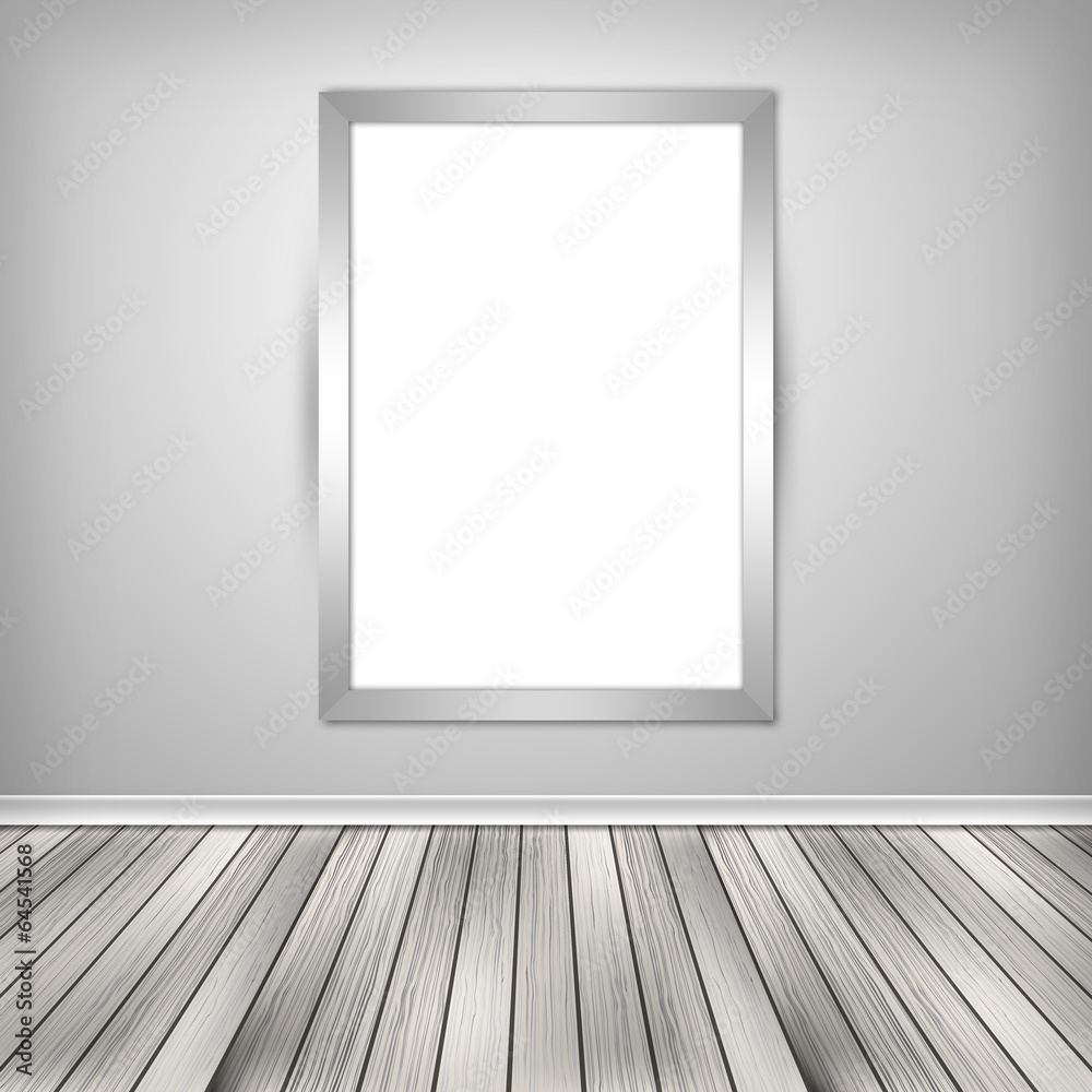 Gallery interior with one empty frame on wall. Gallery interior with one empty frame on wall.