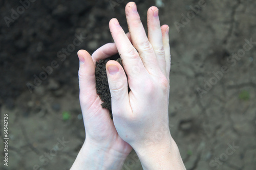 Hands rumpling black soil