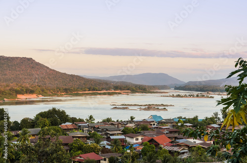 Aerial view of the riverside village of Khong Chiam in Thailand