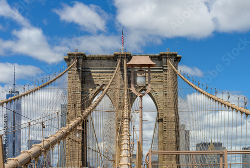 New York City Brooklyn Bridge in Manhattan closeup with skyscrap