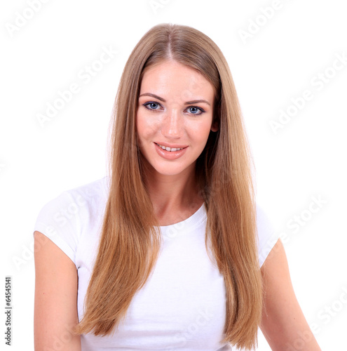 Beautiful young girl in shorts and t-shirt isolated on white