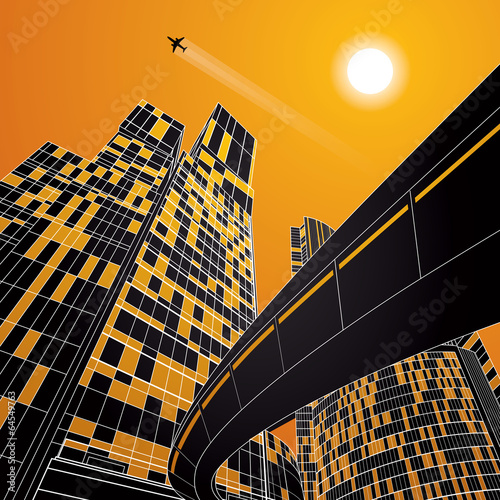 Airplane flying. Business building, overpass, neon city