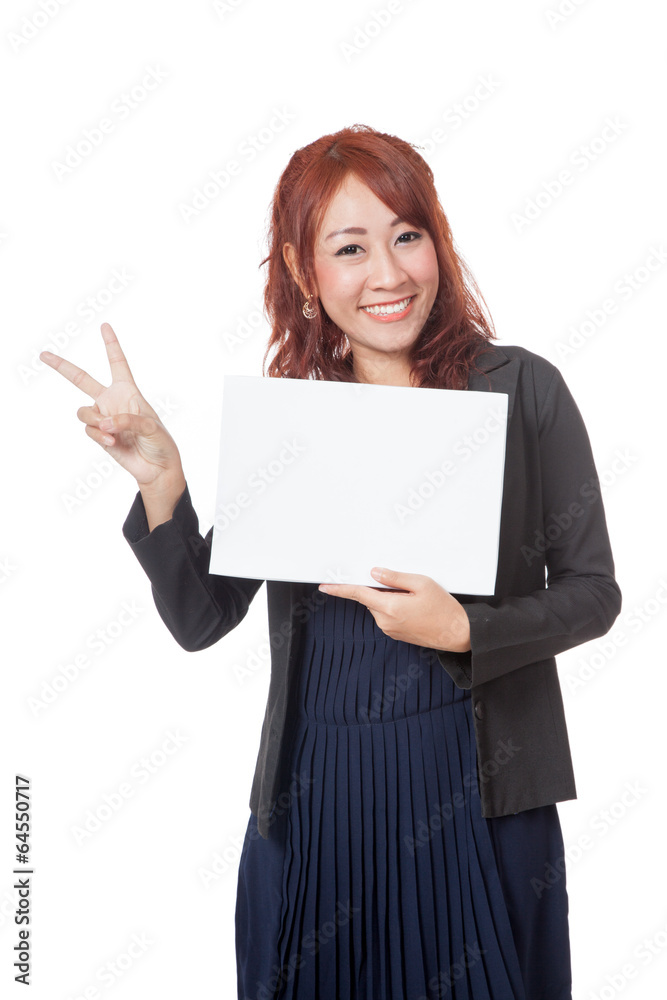 Asian office girl happy show a blank sign and victory sign with Asian office girl happy show a blank sign and victory sign with