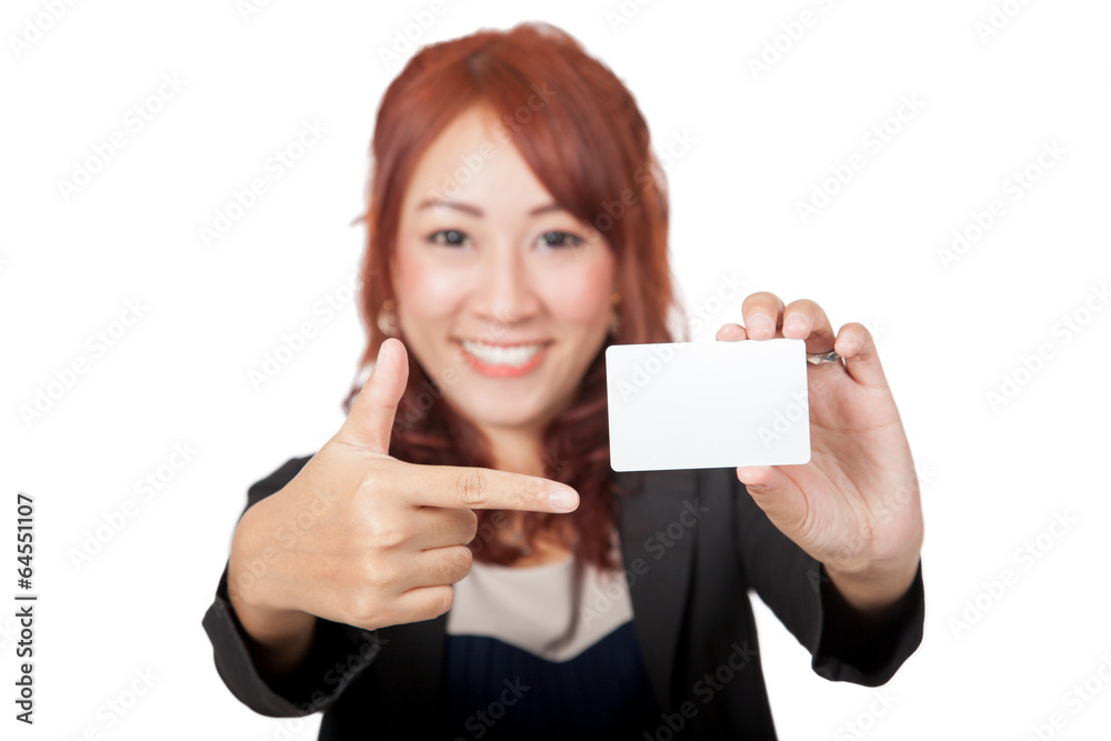 Asian office girl happy point to a blank card focus on the card Asian office girl happy point to a blank card focus on the card