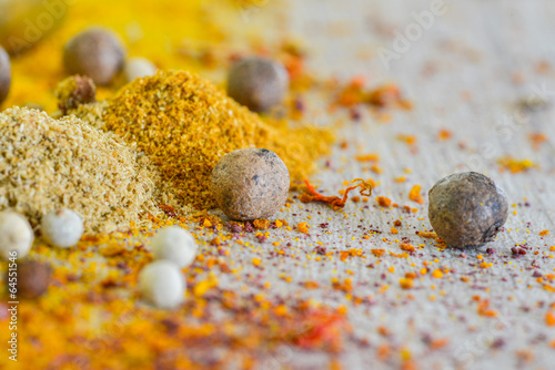 Various colorful spices, powders and herbs