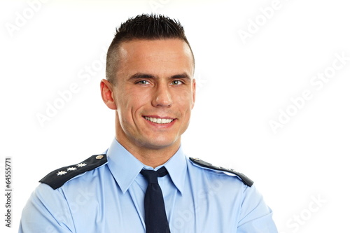 Smiling man in police uniform, right you can write some text