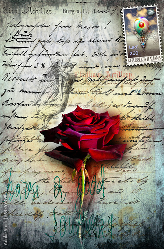 Old letter with red rose, and postage stamp
