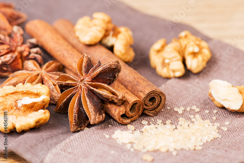 Star anise walnut brown sugar with cinnamon at christmas time on