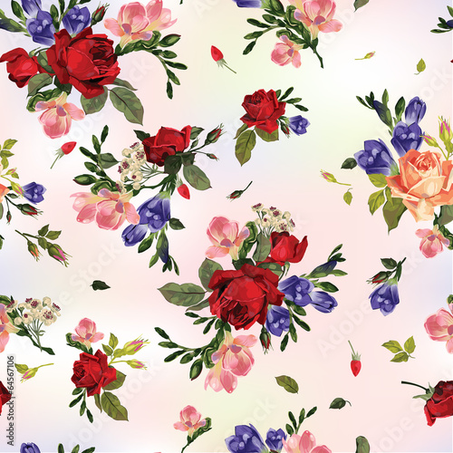 Vector seamless floral pattern with roses and freesia