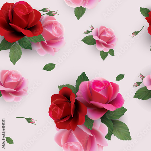 Elegant vector seamless floral pattern with red and pink roses