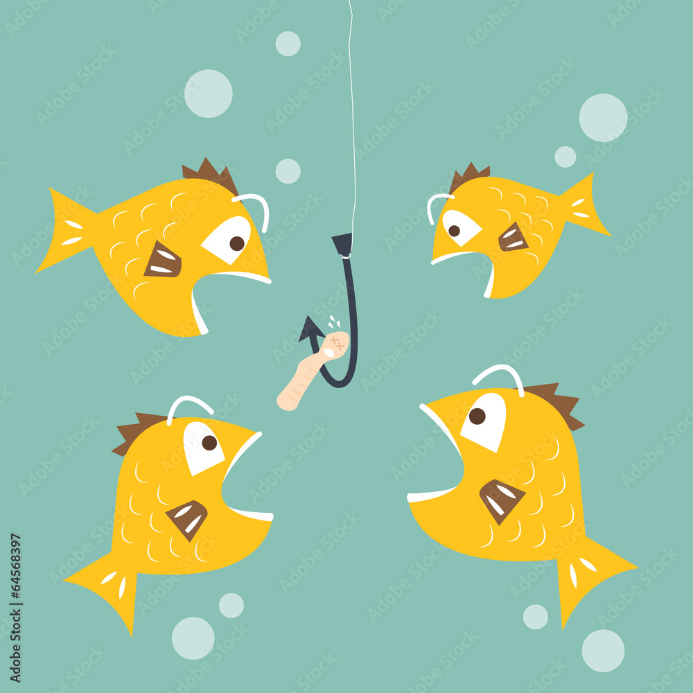 Fish interested to eat worm bait - Promotion business concept Stock Vector