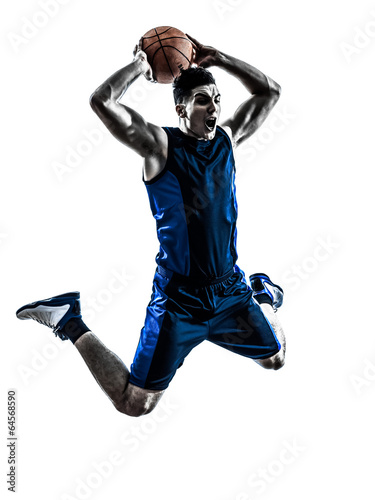 Print op canvas caucasian man basketball player jumping dunking silhouette