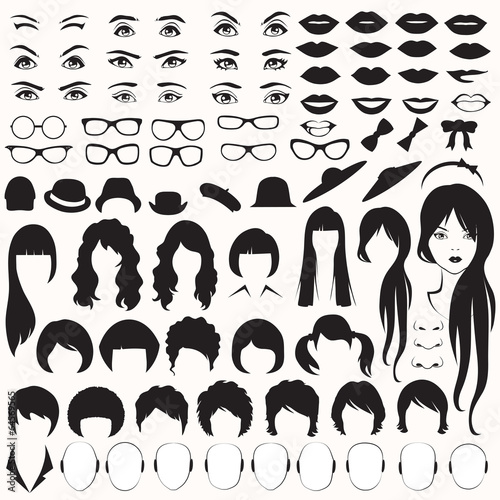 eye, glasses, hat, lips and hair, woman face parts, head