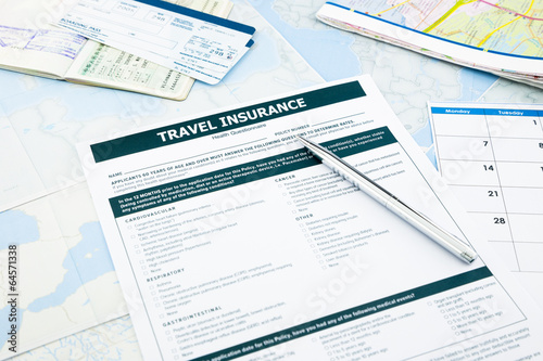 travel insurance form, passport and tickets
