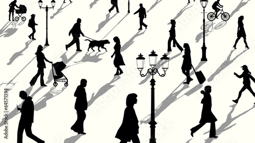 Horizontal illustration of crowd people silhouettes with shadows