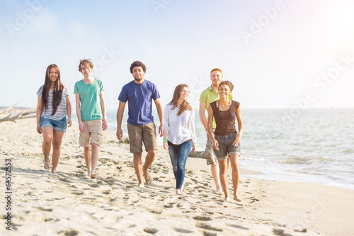 Multiracial Group of Friends Walking at Beach