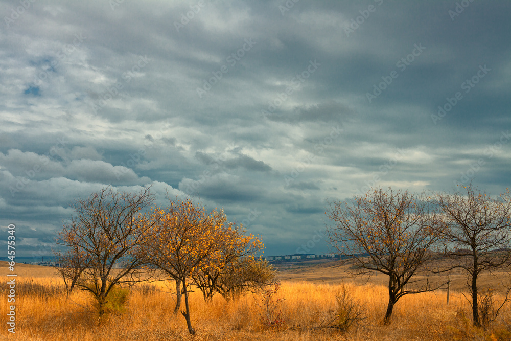 Autumn landscape with stormy sky before thunderstorm