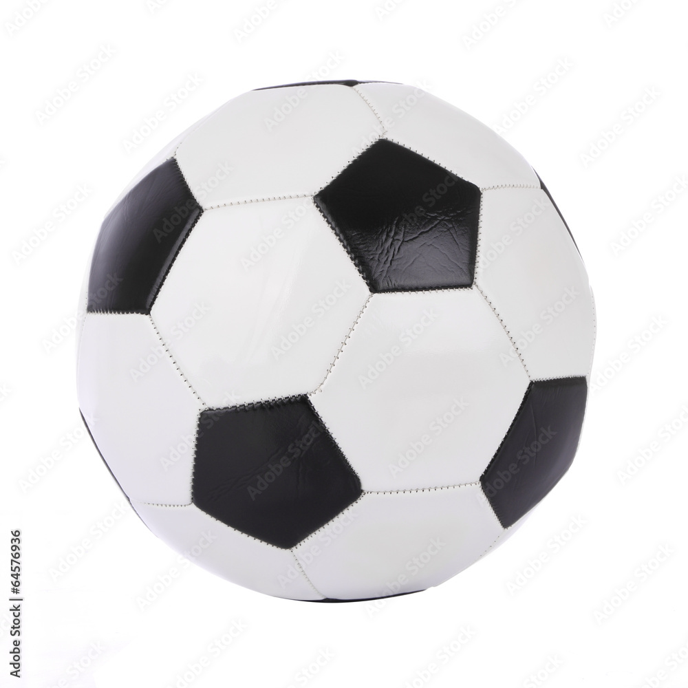 Naklejka premium Stitch leather soccer ball on white background.