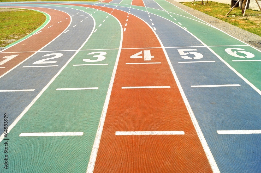 Starting lines on colorful running track