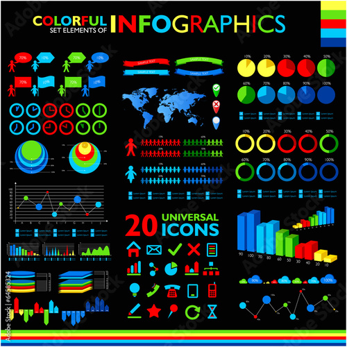 Colorful infographics set on black background and icons set.