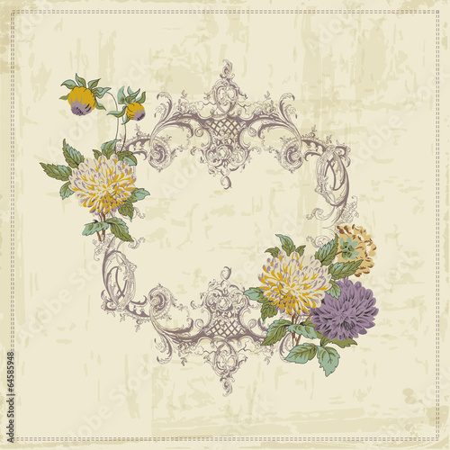 Vintage Card - with Retro Frame and Flowers