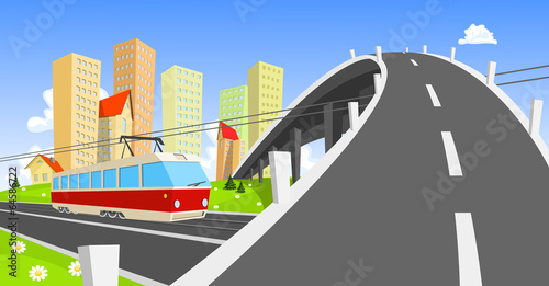 Streetcar coming under the bridge