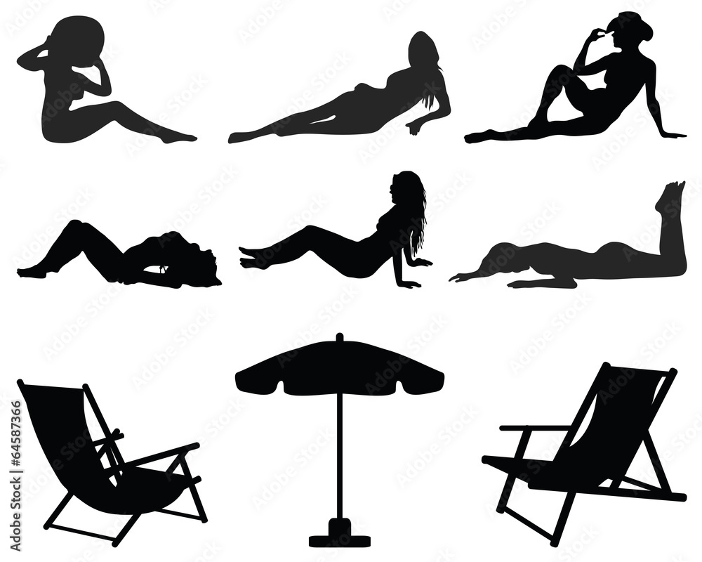 Black Silhouettes Of Girls On The Beach Vector Illustration Stock ベクター