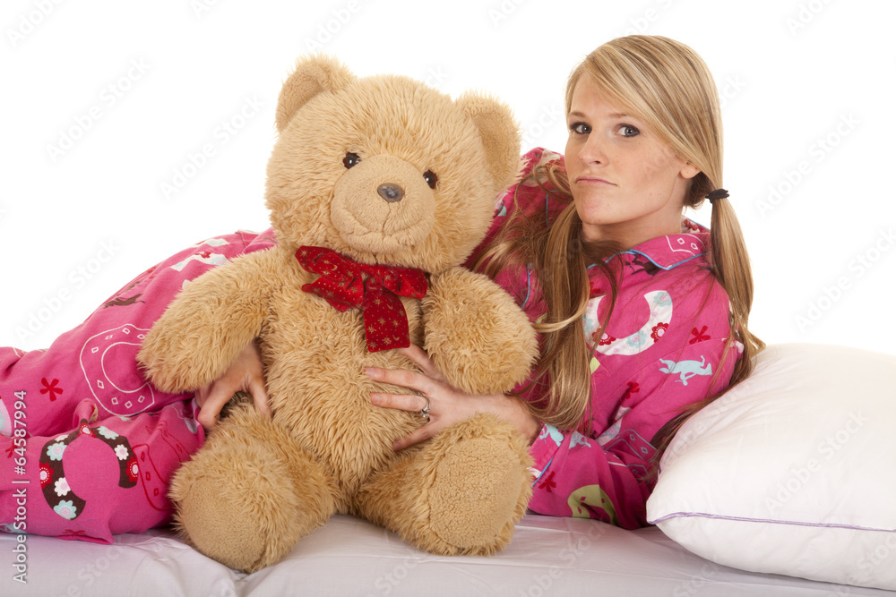 woman pink pajamas bear lay on side look woman pink pajamas bear lay on side look