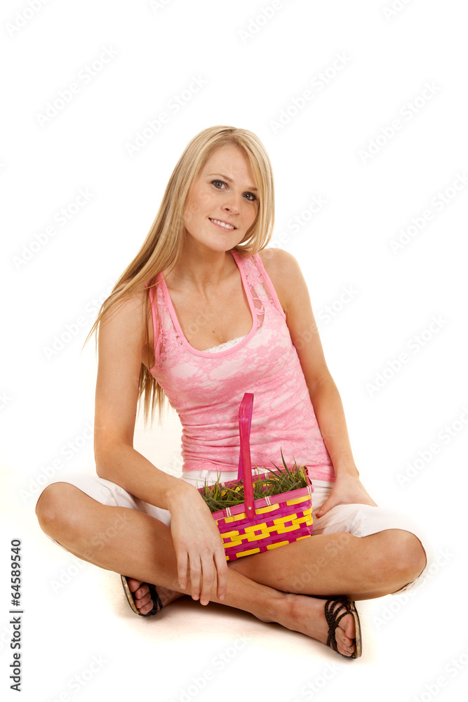 woman pink tank top easter basket sit smile woman pink tank top easter basket sit smile