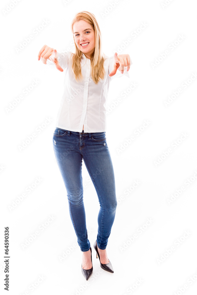Young woman pointing towards camera with both hands Young woman pointing towards camera with both hands