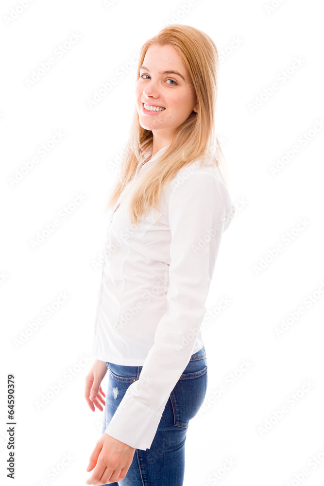 Side profile of a young woman smiling Side profile of a young woman smiling