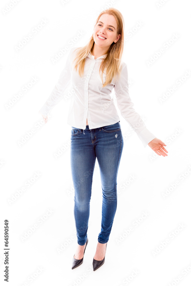 Young woman smiling with arm outstretched Young woman smiling with arm outstretched