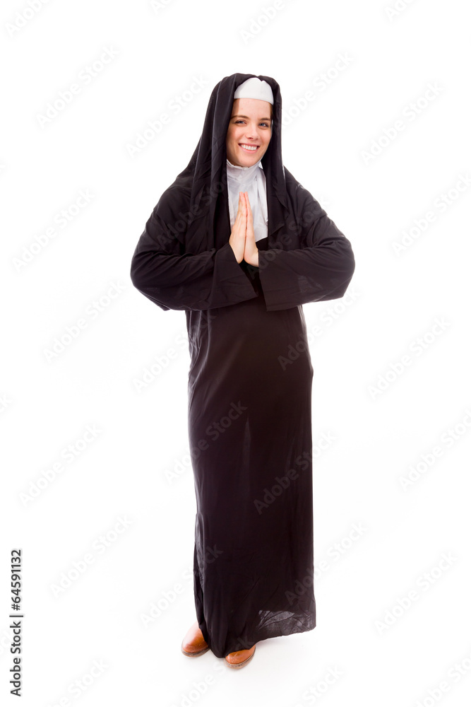 Young woman welcoming with hands clasped Young woman welcoming with hands clasped