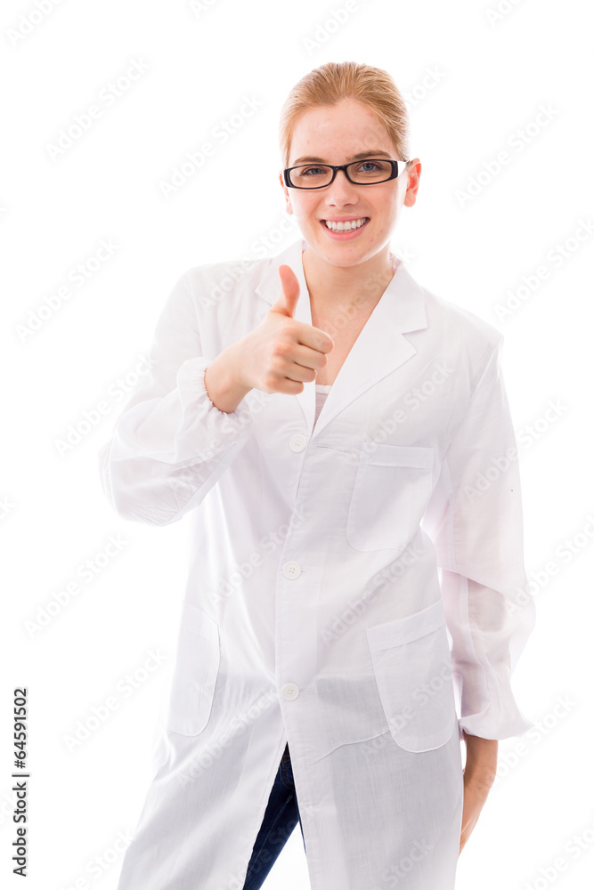 Female scientist showing thumbs up towards camera and smiling Female scientist showing thumbs up towards camera and smiling