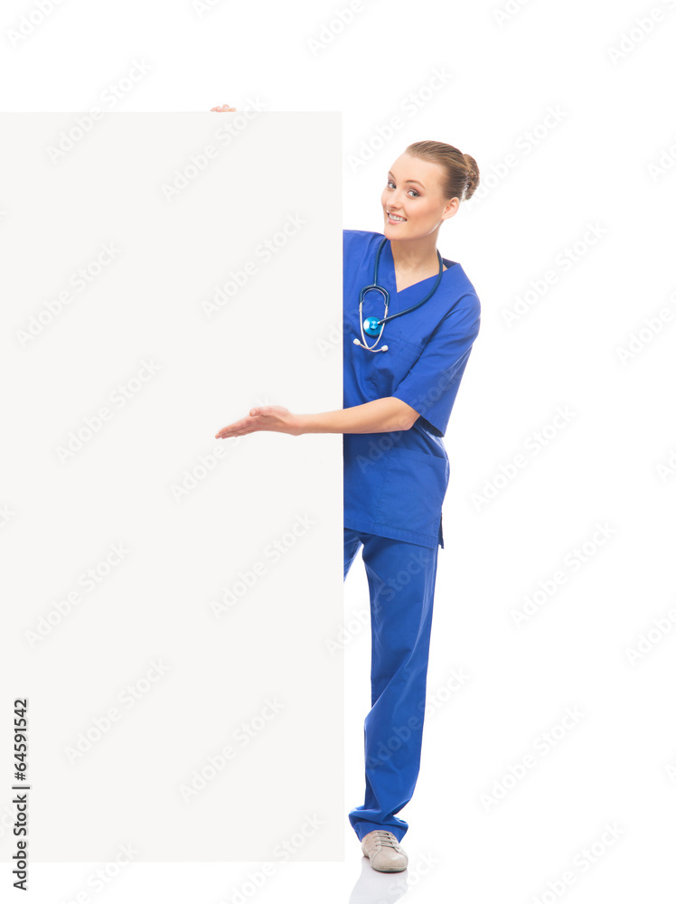 Young, professional and cheerful female doctor isolated on white