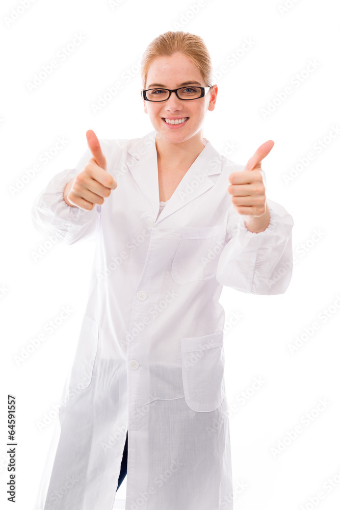 Female scientist showing thumbs up towards camera with both hand Female scientist showing thumbs up towards camera with both hand