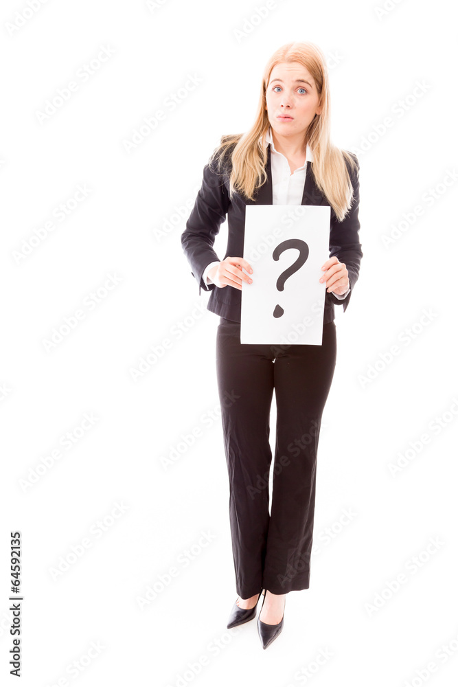 Businesswoman holding question mark sign Businesswoman holding question mark sign