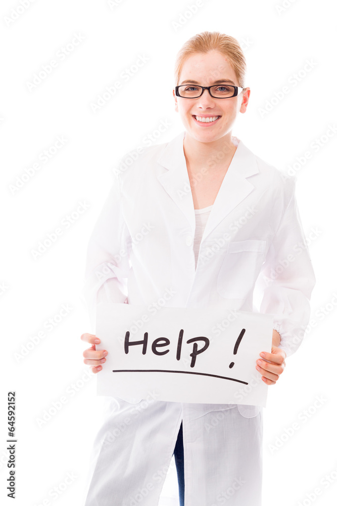 Female scientist showing help sign on white background Female scientist showing help sign on white background