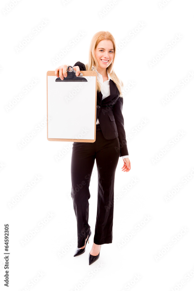 Businesswoman showing a blank clipboard Businesswoman showing a blank clipboard
