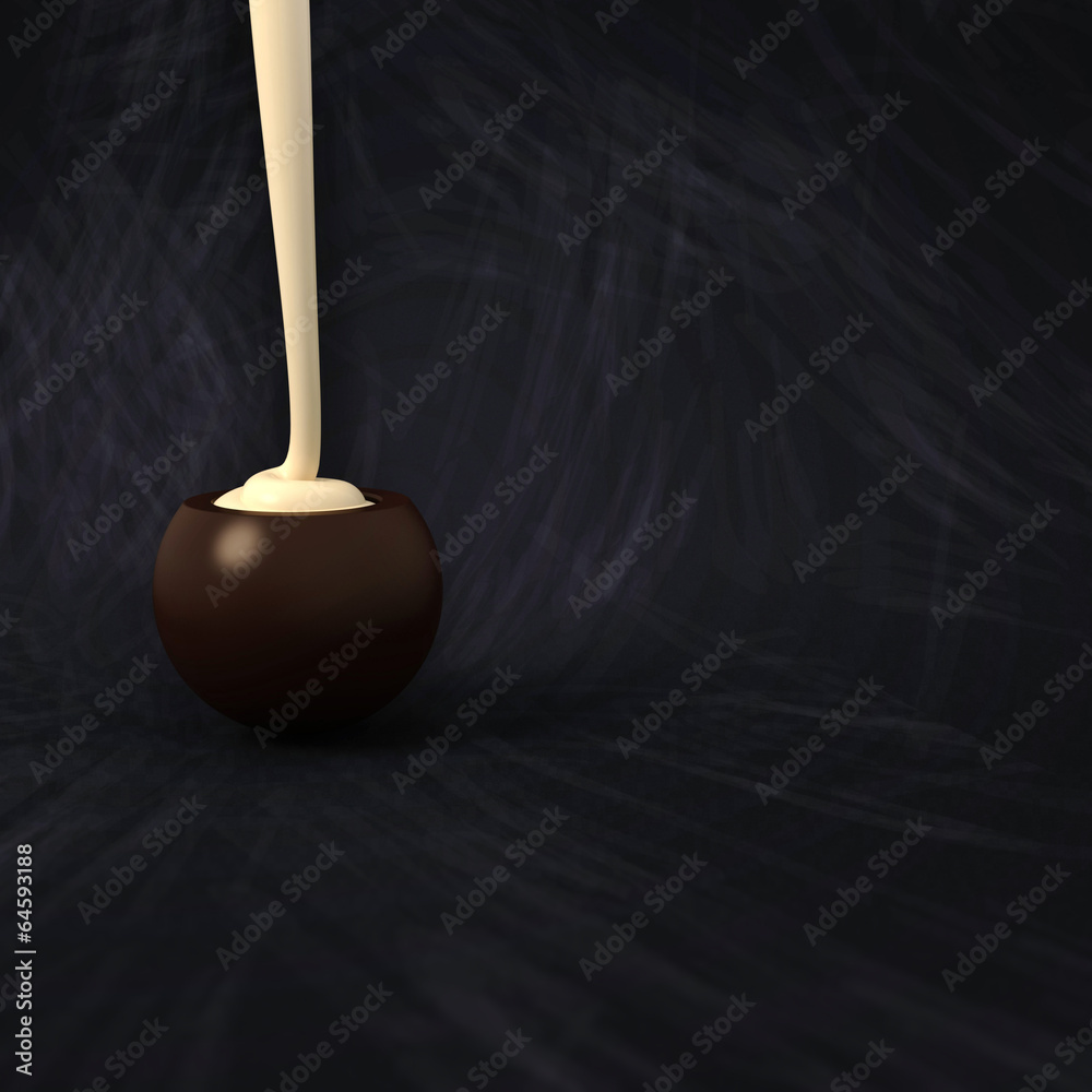 Dark chocolate praline with vanilla cream filling on blackboard