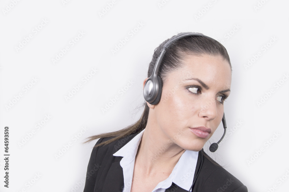 Beautiful Business woman with headphones (headset, office) Beautiful Business woman with headphones (headset, office)
